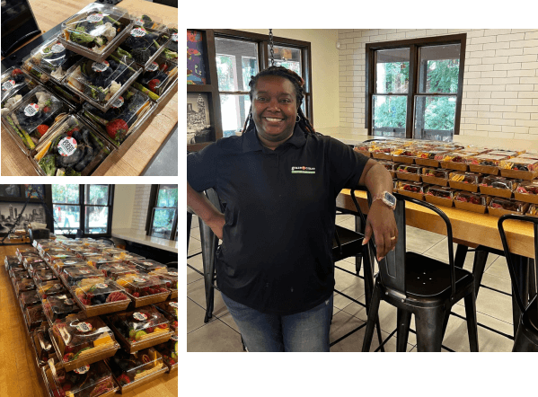 A person stands smiling next to a table filled with neatly stacked food containers. Additional stacks of containers are on display in separate images.